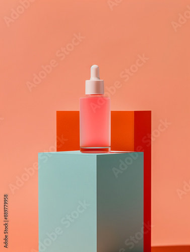 A Dropper Serum Facial Skincare Bottle Mockup Displayed on a Square Teal Green Podium Against A Vibrant Orange Color Background. Geometric and Minimal. Cosmetic Beauty Product Branding.
