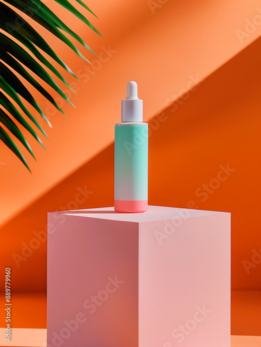 A Dropper Serum Facial Skincare Bottle with Blank Label Mockup Displayed on a Square Pink Podium Against A Vibrant Orange Color Background. Geometric and Minimal. Cosmetic Beauty Product Branding.