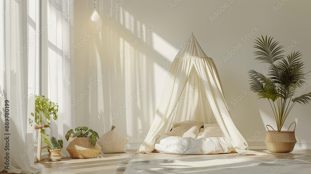Children's bedroom with a canopy. Scandinavian style. Interior of a children's room. Children's bedroom with a canopy. Scandinavian style. Interior of a children's room.