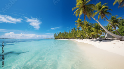Tropical Beach with Calm Waters and Vibrant Blue Sky