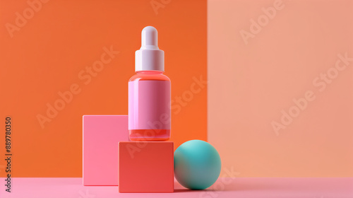 A Pink Dropper Serum Facial Skincare Bottle with Blank Label Mockup Displayed on an Orange Podium Against A Vibrant Orange Color Background. Geometric and Minimal. Cosmetic Beauty Product Branding.