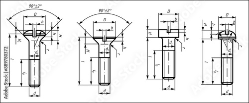 Vector engineering cad drawing of a mechanical part (steel bolt)
with thread. Computer aided design of machine parts 
with dimension lines. 
Technical cad background. Template of screw.
