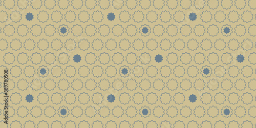 Vector seamless pattern, yellow retro print with blue flowers. Geometric botanical ornament