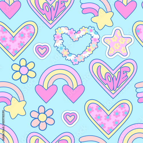 Abstract seamless vector pattern of  heart, rainbow, flowers, stickers. Funny texture background. Bright Color Wallpaper in cute  style for girl kids