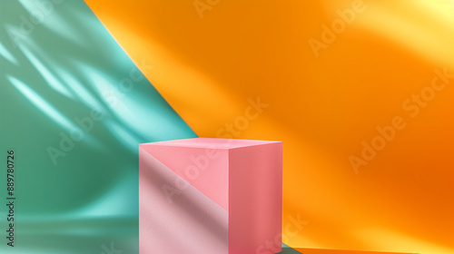 An Empty Pink Square Cube Podium, Display For Skincare, Product Mockup Against A Vibrant Yellow and Green Background. Geometric and Minimal. Cosmetic Beauty Product Branding.