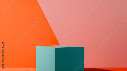An Empty Teal Green Square Cube Podium, Display For Skincare, Product Mockup Against A Vibrant Orange and Pink Background. Geometric and Minimal. Cosmetic Beauty Product Branding.