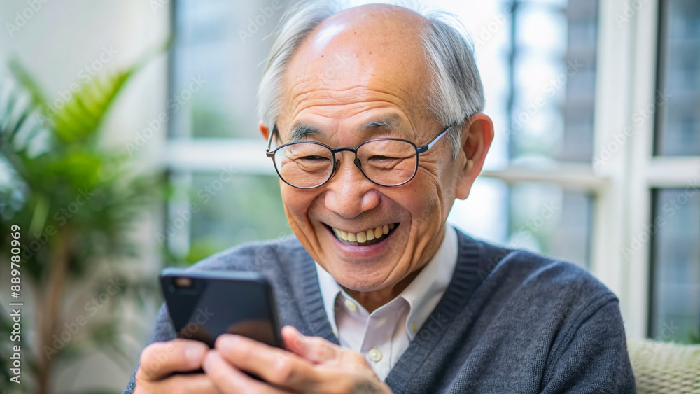 Japanese old man wearing glasses is looking at cell phone with smile and be happy. Generative ai. J001 Japanese old man wearing glasses is looking at cell phone with smile and be happy. Generative ai. J001