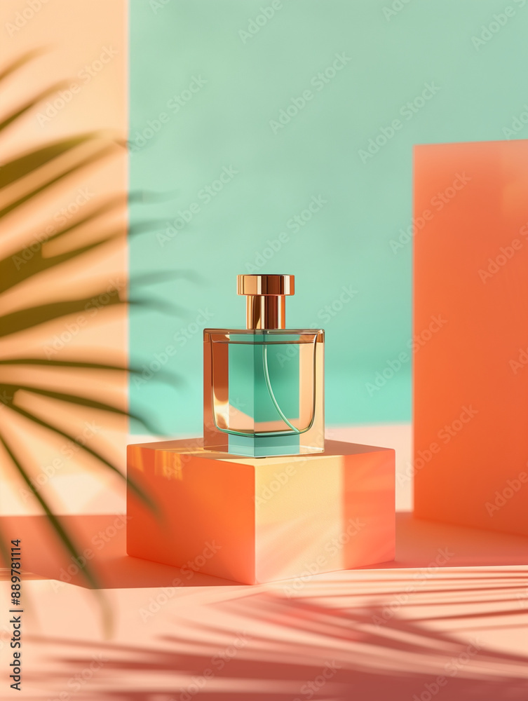 A Clear Glass Perfume Bottle Mockup Displayed on a Pink Podium Against A Vibrant Teal Green Color Background with Geometric Shapes and Natural Palm Leaf. Summer Spa. Minimal Beauty Product Branding. A Clear Glass Perfume Bottle Mockup Displayed on a Pink Podium Against A Vibrant Teal Green Color Background with Geometric Shapes and Natural Palm Leaf. Summer Spa. Minimal Beauty Product Branding.