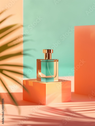 A Clear Glass Perfume Bottle Mockup Displayed on a Pink Podium Against A Vibrant Teal Green Color Background with Geometric Shapes and Natural Palm Leaf. Summer Spa. Minimal Beauty Product Branding.