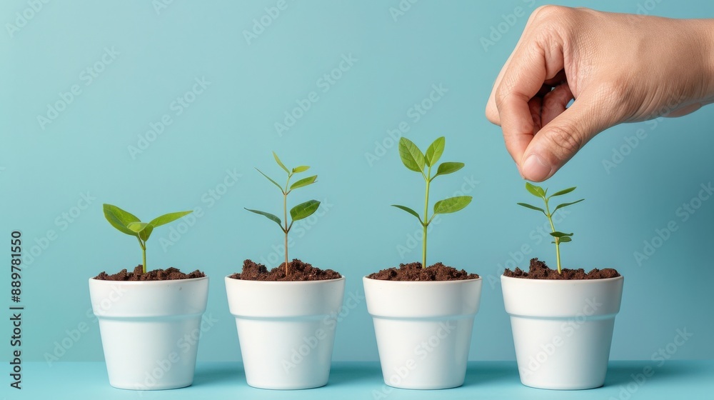 Hand nurturing seedlings in a row of white pots on blue background, symbolizing growth, development, and care. Hand nurturing seedlings in a row of white pots on blue background, symbolizing growth, development, and care.