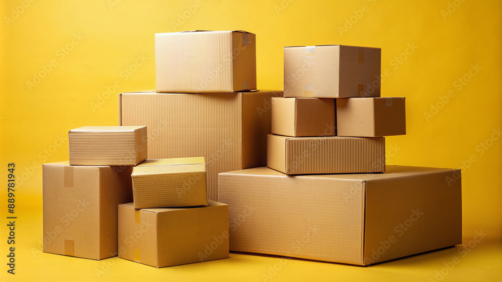 Fototapeta premium A stack of corrugated cardboard boxes with varying sizes held together securely with packing tape on a bright and cheerful yellow background.