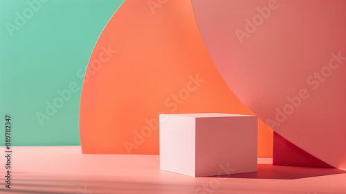 An Empty Pink Square Cube Podium, Display For Skincare, Product Mockup Against A Vibrant Orange and Green Background with Geometric Shapes. Minimal Cosmetic Beauty Product Branding.