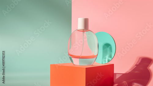 A Clear Glass Perfume Bottle Mockup Displayed on an Orange Podium Against A Vibrant Pink and Green Color Background with Geometric Shapes. Minimal Beauty Product Branding.