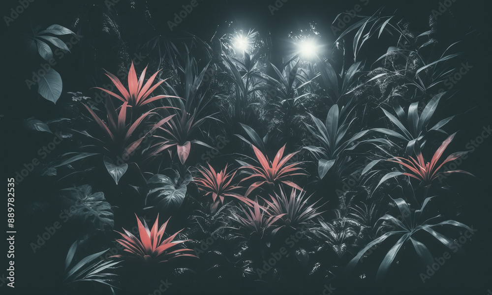 Illustrative depiction of a section of lush fresh jungle leaves and exotic trees as an exotic floral jungle pattern in contrasting and colorful colors Illustrative depiction of a section of lush fresh jungle leaves and exotic trees as an exotic floral jungle pattern in contrasting and colorful colors