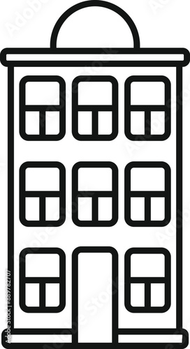 Simple black and white icon of a three storey residential building with an attic and a round roof window