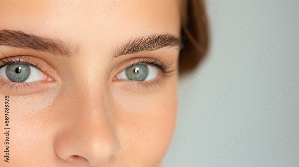 Close-Up of Woman's Eyes and Brows, Natural Makeup, Blue Eyes, Clear Skin, Detailed Shot, Studio Photography, Beauty Concept, Minimalist Style, Focused Gaze, Healthy Skin Close-Up of Woman's Eyes and Brows, Natural Makeup, Blue Eyes, Clear Skin, Detailed Shot, Studio Photography, Beauty Concept, Minimalist Style, Focused Gaze, Healthy Skin