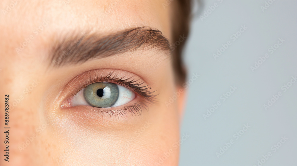 Close-Up of Woman's Eyes and Brows, Natural Makeup, Blue Eyes, Clear Skin, Detailed Shot, Studio Photography, Beauty Concept, Minimalist Style, Focused Gaze, Healthy Skin