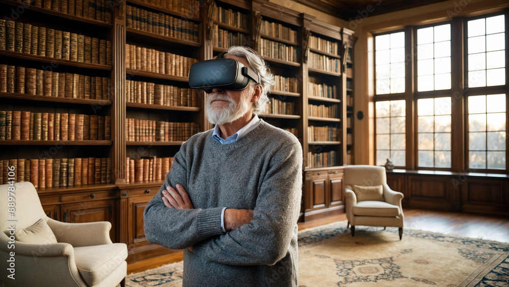Naklejka premium Elderly man with a white beard using a VR headset, standing in a grand library with wooden bookshelves