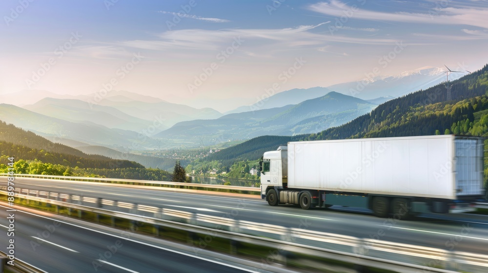 White truck on highway through mountains at sunset. Transportation and logistics concept. White truck on highway through mountains at sunset. Transportation and logistics concept.