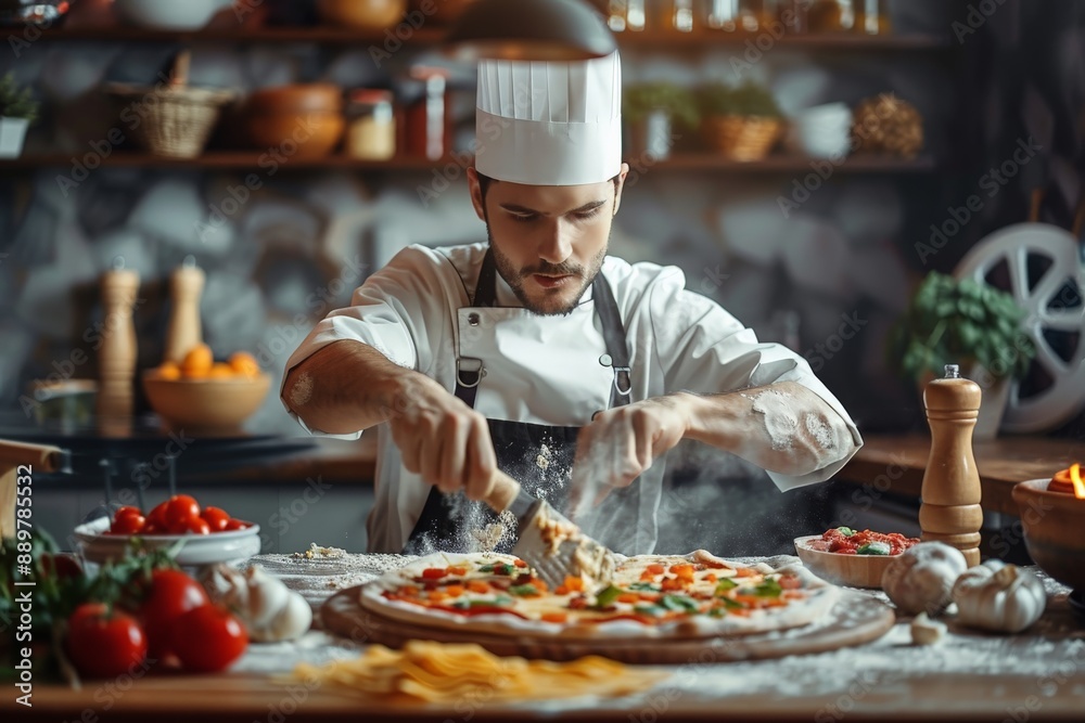 Pizza Maker Creating a Delicious Pizza Pizza Maker Creating a Delicious Pizza