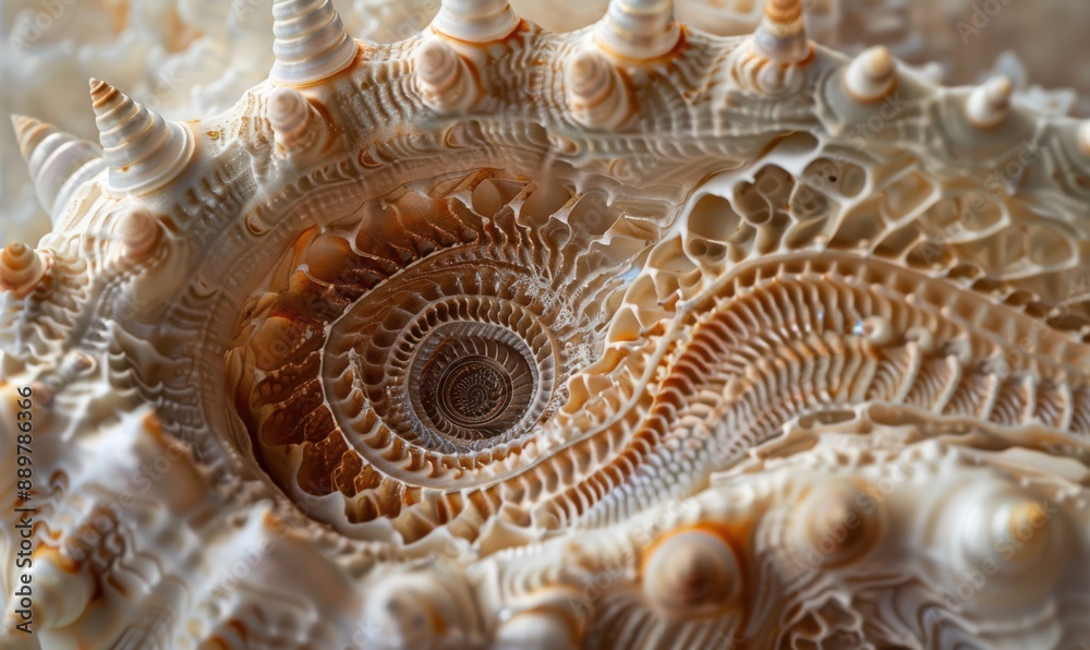 A shell with a spiral pattern is shown in a close up. A shell with a spiral pattern is shown in a close up.