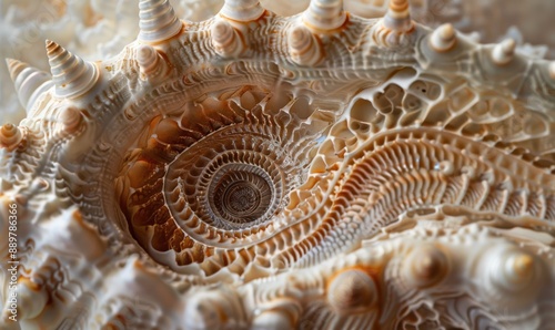 A shell with a spiral pattern is shown in a close up.