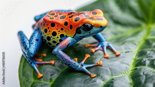 A vibrant poison dart frog perched on a green leaf, showcasing its striking blue, red, and black markings. photo