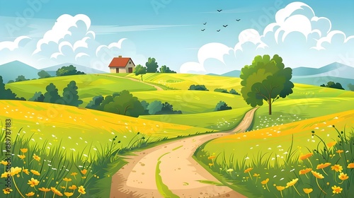 Illustrated landscape of a farm