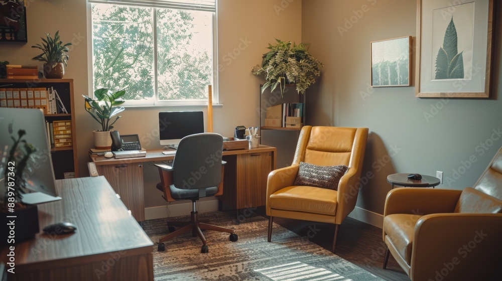 Fototapeta premium Calm and Professional Therapy Office with Comfortable Seating and Cozy Decor for Counseling Sessions