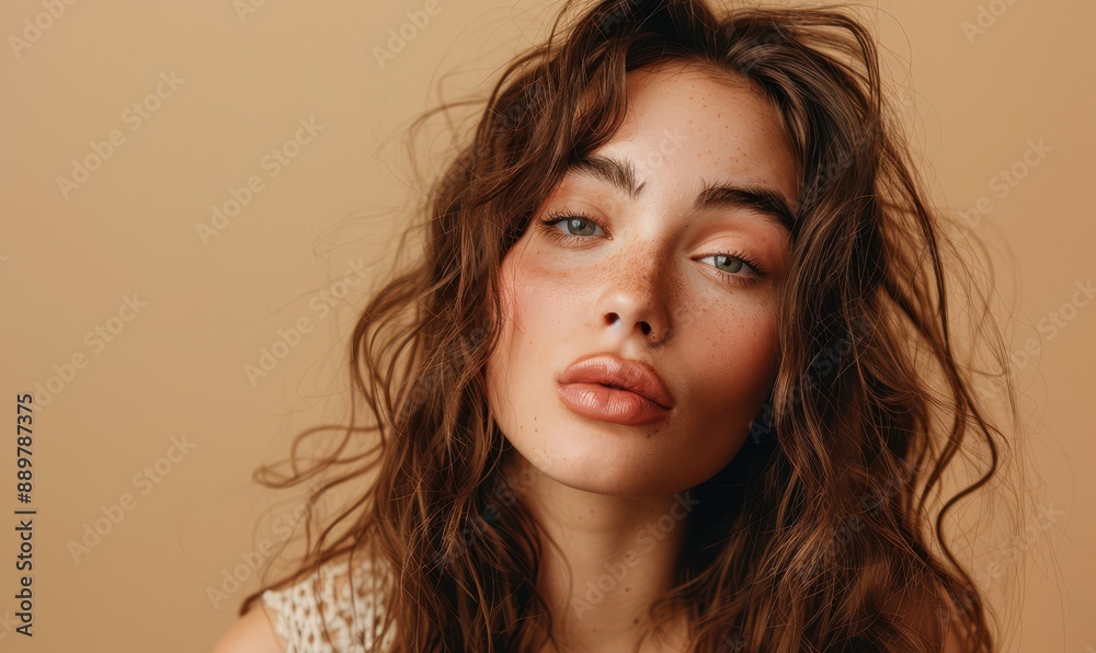 A woman with curly hair and a pink lip is blowing a kiss. Free copy space for text. A woman with curly hair and a pink lip is blowing a kiss. Free copy space for text.