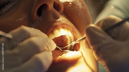 Dentist preparing a patient for a dental filling using composite resin photo