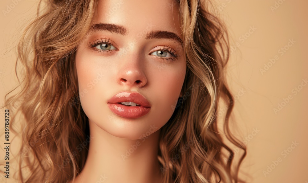 custom made wallpaper toronto digitalA woman with curly hair and a pink lip is blowing a kiss. Free copy space for text.