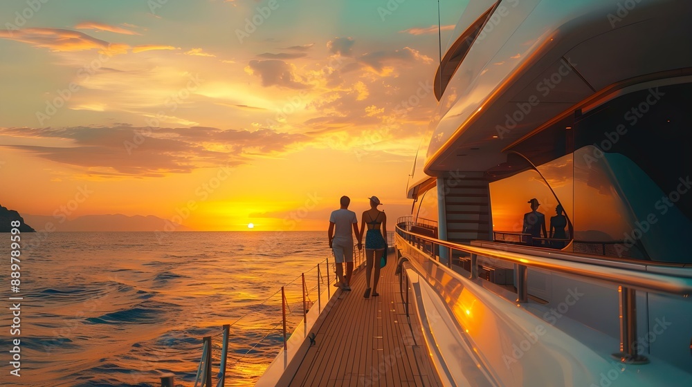Fototapeta premium Family travel adventures on luxury yacht at sunset