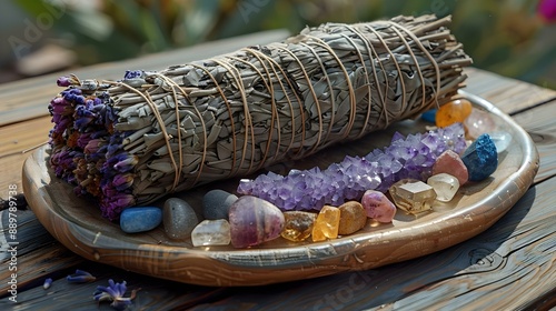 Sage and crystals on a ceramic plate for smudging