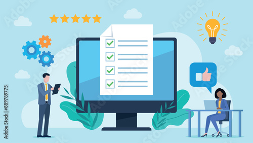 Flat design vector. Checklist on monitor screen. Businessman standing with tablet, woman is sitting and working on laptop. Around them are 5 star review, cogs, bulb and thumbs up icon.