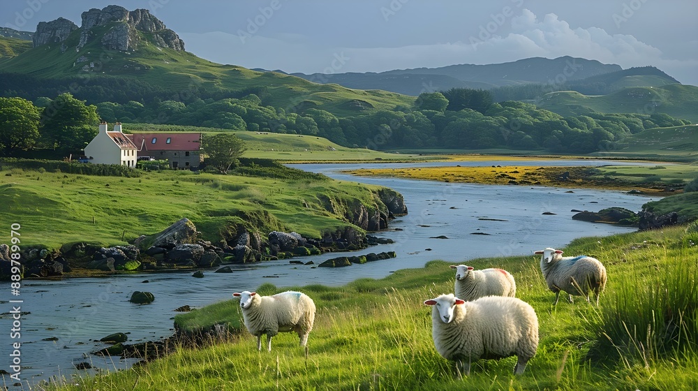 Obraz premium Sheep grazing on a Scottish farm in spring