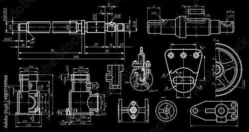 Vector engineering drawing of steel mechanical 
parts with through holes. 
Industrial cad scheme on paper sheet. 
Technology background.