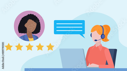 Customer support worker in headset is having conversation with client. Client is giving five star review of support. Flat design illustration.