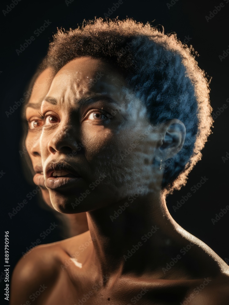 A woman with a black shirt and no bra is looking at the camera, AI A woman with a black shirt and no bra is looking at the camera, AI