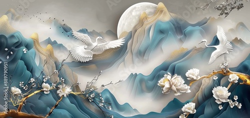 3d modern interior mural painting wall art decor abstraction wallpaper with blue, dark green and golden tropical leaf branches and flowers with feathers peacock, Generative AI