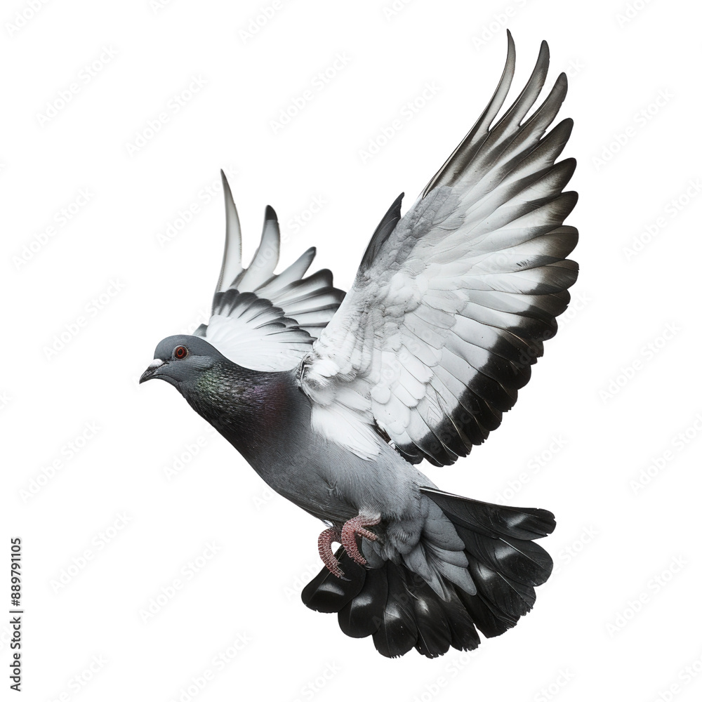 Fototapeta premium A beautiful pigeon captured in mid-flight with wings spread wide, showcasing its detailed feathers against a clear background