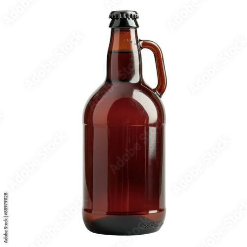 A brown glass growler with a handle, filled with beer or other beverage, isolated on a white background.