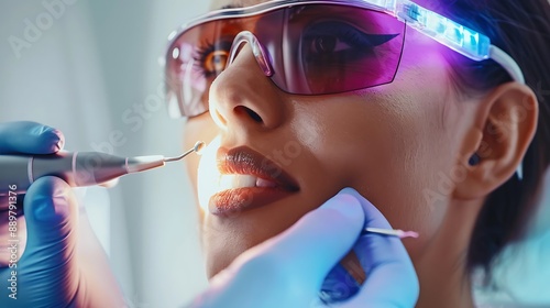 Dentist using a dental laser for frenectomy procedures photo
