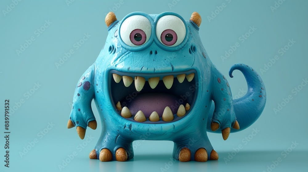 Fototapeta premium Cute 3D cartoon monster with colorful background. This character could be related to animation, children’s media, or character design.