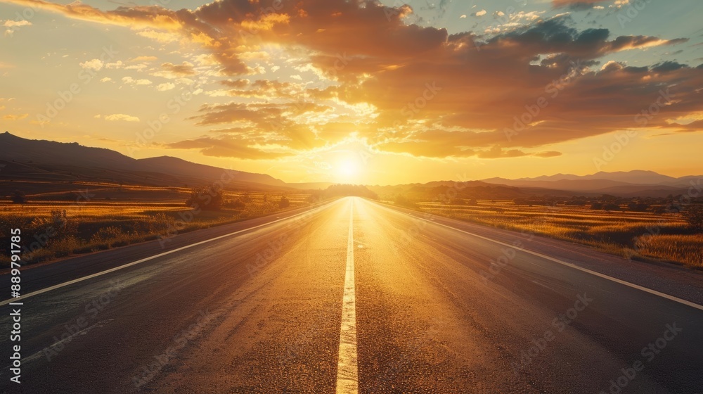 Highway landscape at sunset, bathed in warm, golden light, representing persistence, a visionary journey towards success, and well-defined goals Highway landscape at sunset, bathed in warm, golden light, representing persistence, a visionary journey towards success, and well-defined goals