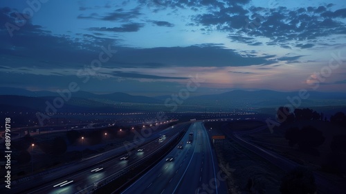 A twilight highway landscape, softly illuminated, showcasing persistence and a visionary pursuit of success, with clear goals lighting the path