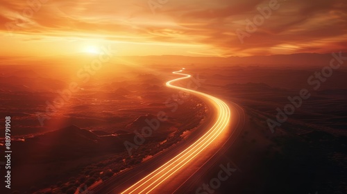 Highway landscape at sunset, representing a dedicated journey, visionary light leading to discovery, bathed in warm, glowing light