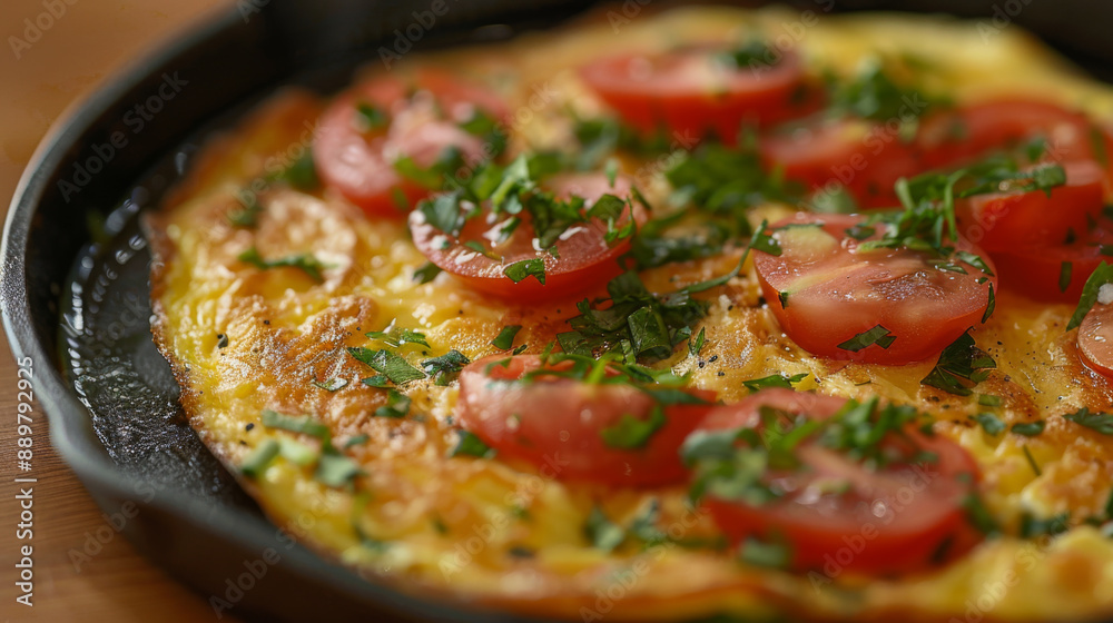Close-up of a delicious omelette garnished with sliced tomatoes and fresh herbs, highlighting a nutritious breakfast meal. Close-up of a delicious omelette garnished with sliced tomatoes and fresh herbs, highlighting a nutritious breakfast meal.