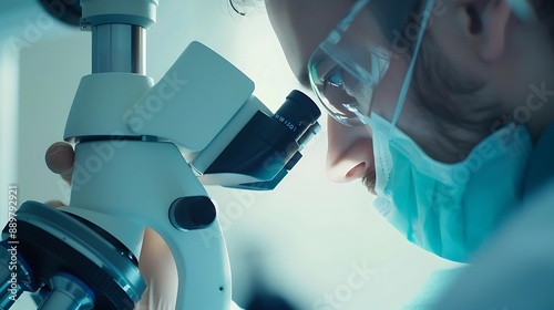 Dentist using a dental microscope for endodontic procedures photo