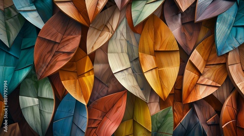 Leaf-shaped wooden wall panels in a variety of colors and shades, creating an abstract natural design.